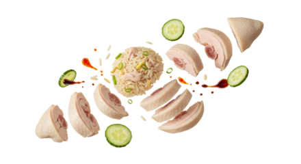 Deconstructed Hainanese Chicken Rice: A Culinary Composition of Flavor and Freshness Isolated on White, Showcasing the Classic Dish in an Artistic