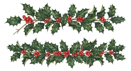 Two decorative horizontal borders of realistic holly branches with green spiky leaves and bright red berries, isolated on transparent background