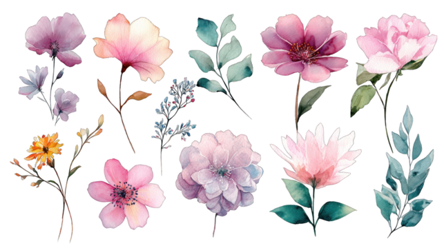 A vibrant collection of various flowers, showcasing delicate petals and green leaves in an artistic arrangement.