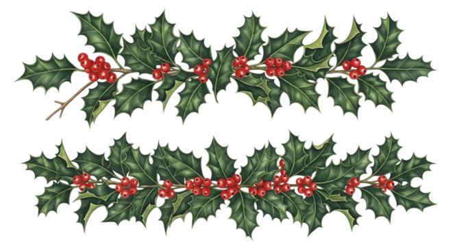 Two decorative horizontal borders of realistic holly branches with green spiky leaves and bright red berries, isolated on transparent background