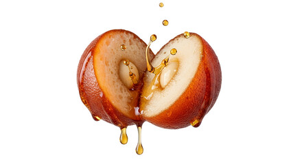 Halved pear with golden fluid cascading, revealing light flesh and seed cavity on plain backdrop, a vibrant and inviting still life presentation