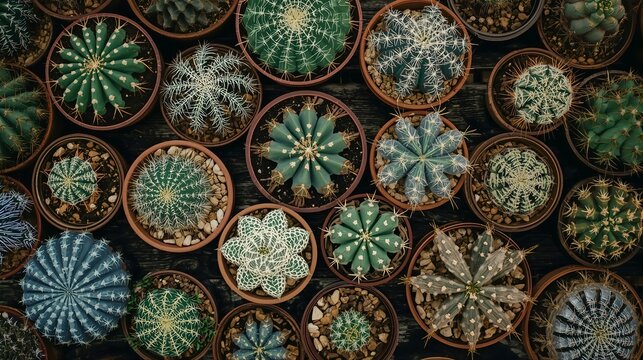 Overhead View of Potted Cacti with Decorative Rocks