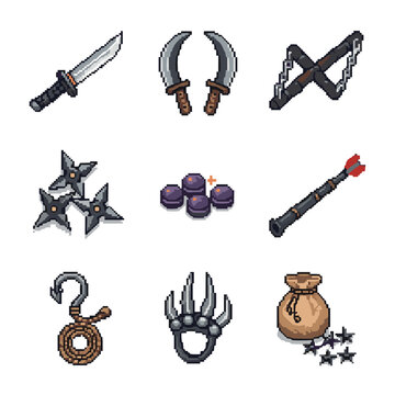 Pixel art ninja weapon set perfect for game design. Features swords, throwing stars, and grappling hook, ready for retro style projects. Stealth and action!