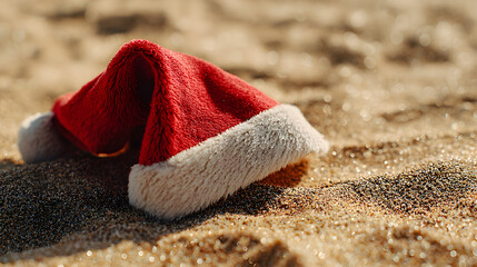 Festive santa hat on sandy beach - christmas holiday concept
