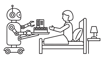 Simple Outline Robot Serving Medication to Patient in Bed