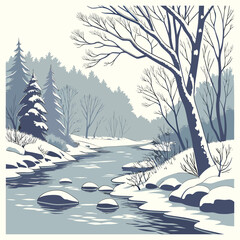Landscape river winter seasonal view water snow forest