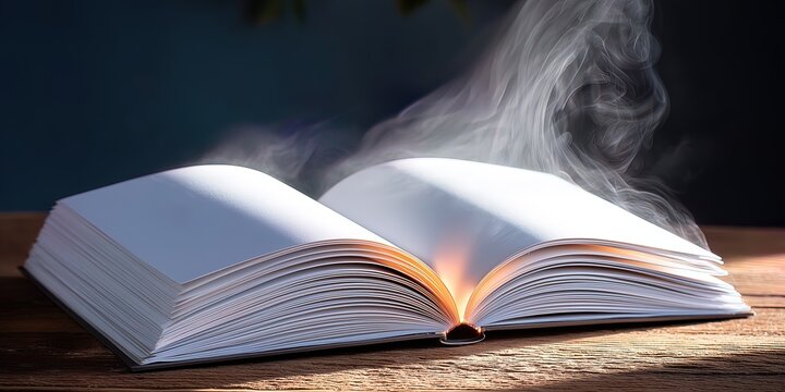 Book opens with magical glow as steam rises in a cozy reading nook - Powered by Adobe