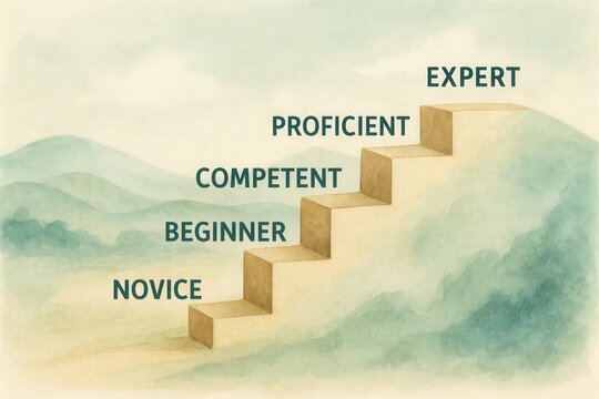 Visualizing the journey of skill development from novice to expert through a staircase metaphor showcasing various proficiency levels and growth potential
