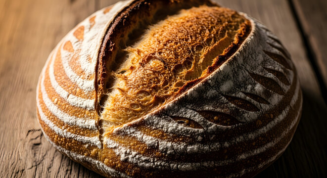 Close up of a crusty loaf of sourdough bread with decorative scoring sitting on a wooden surface