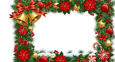 Christmas wreath frame border decorated with golden bell, red poinsettia flower, ornament, bow, candy cane, and snow isolated on transparent background