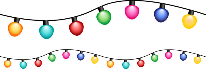 Brightly colored string lights illustration perfect for holiday designs, invitations, and borders. Available as a vector, JPG, and high-resolution PNG file.