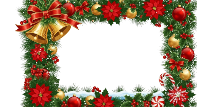 Christmas wreath frame border decorated with golden bell, red poinsettia flower, ornament, bow, candy cane, and snow isolated on transparent background