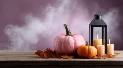 Decorative autumn arrangement featuring pink and orange pumpkins, candles, and fallen leaves on a rustic wooden table, creating a cozy atmosphere for seasonal celebrations and gatherings