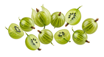 Fresh gooseberries composition showcasing vibrant green hues and detailed textures against a stark white backdrop evoking freshness