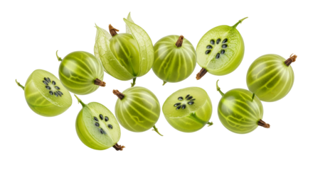 Fresh gooseberries composition showcasing vibrant green hues and detailed textures against a stark white backdrop evoking freshness