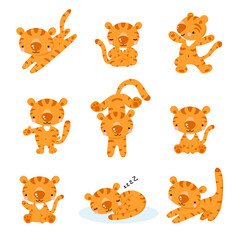 Cute cartoon tigers in various poses.