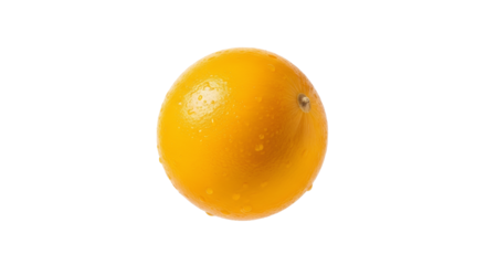 Vibrant orange citrus fruit, captured in a minimalist studio setup with clear droplets reflecting light, showcasing its fresh and juicy texture
