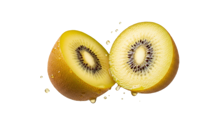Halved golden kiwi fruit with water droplets showcases the vibrant yellow flesh and black seeds on a pristine white backdrop