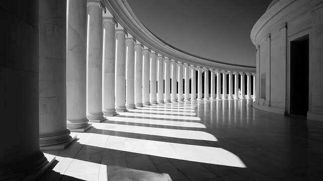 White marble columns creating a curved colonnade with strong light and shadow patterns architecture - Powered by Adobe