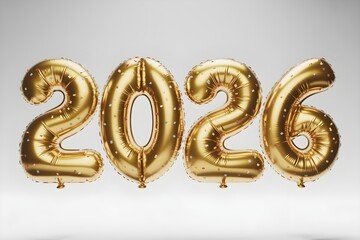 Golden foil balloons spelling out the year 2026 for new year celebrations