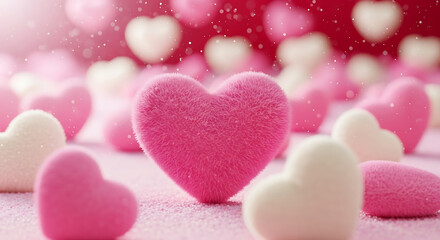 Fototapeta premium Close up of fluffy pink and white heart shapes scattered on a textured surface with soft bokeh background