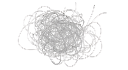 Entangled labyrinth: Abstract composition of translucent tubes in chaotic disarray on a pristine white backdrop