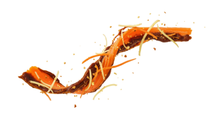 Abstract vibrant food composition with carrot, beef jerky strips, and sesame seeds creating a dynamic visual narrative