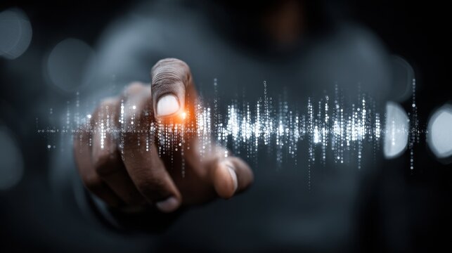 Person touching digital data visualization representing analytics and artificial intelligence, high tech, and data driven marketing concepts