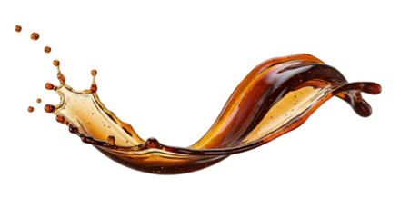 Dramatic splash of amber liquid, a dynamic visual representation of beverage motion and liquid dynamics against a clean white canvas showcasing