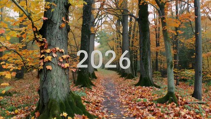 atmospheric tranquil 4K close up footage serene path covered colorful autumn leaves winding dense forest where year 2026 thoughtfully spelled out using small natural twigs branches symbolizing New - Powered by Adobe