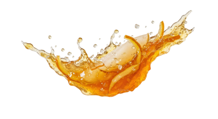 Energetic burst of citrus refreshment: A vibrant dance of orange liquid and fruit slices captured in a dynamic splash against clean backdrop