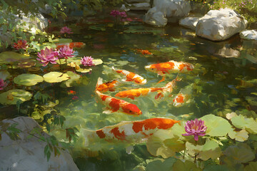 Serene koi pond with colorful fish and lush greenery