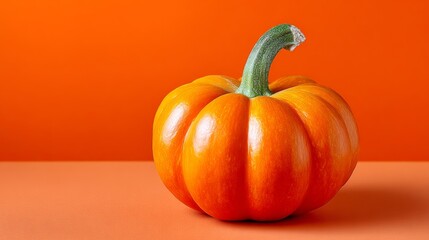 Vibrant orange pumpkin with a textured surface, resting on a matching orange background, showcasing seasonal beauty and autumnal charm in a minimalist composition
