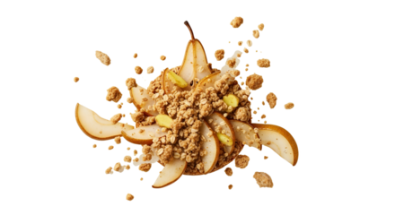 Elevated pear crumble creation with artistic precision and ethereal presentation on pristine white backdrop