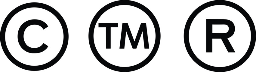 Copyright trademark registered symbols vector illustration, legal protection icon set for branding and intellectual property, clean minimal design, editable black outline graphics