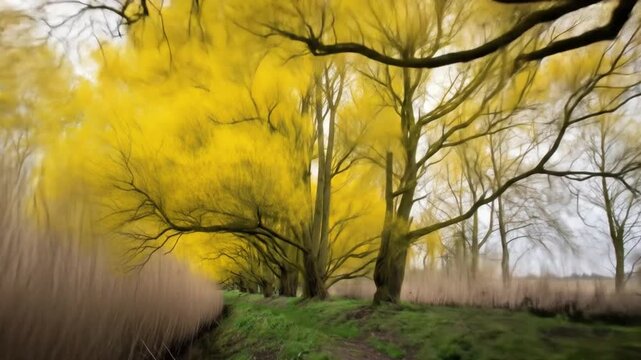 Lush yellow trees frame a path, with a path and grasses along the edge