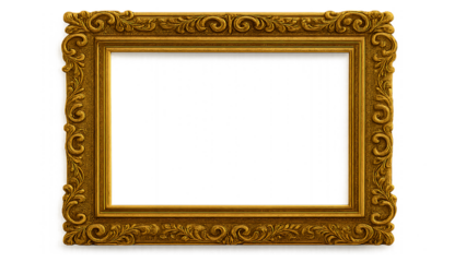 Ornate antique gold picture frame mockup with intricate carvings on a transparent background