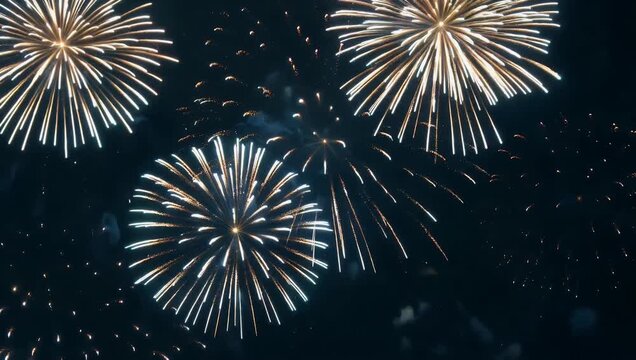 vertical 4K animation background featuring New Year&rsquo;s Eve 2026 party scene silver fireworks dark blue bokeh sky providing space text overlay suitable social media celebrations event videos