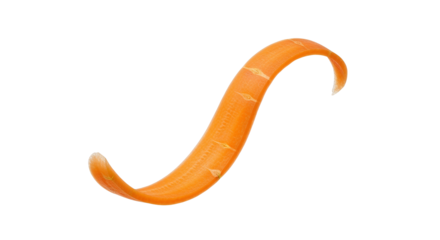 Elegant single spiral carrot peel on a pristine white backdrop, emphasizing freshness and simplicity in minimalist style