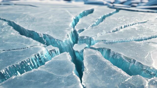 Top view of frozen blue ice surface cracking with spreading fissures.【Generative AI】
