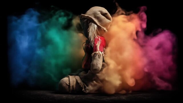 A seated rag doll figure framed by colored smoke against a black backdrop, with a hat