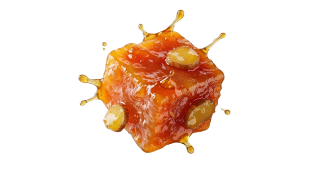 Captivating cube of glistening apricot preserve delight with scattered pickle slices suspended in a dynamic splash against a pure white background