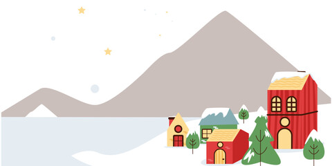 A charming cartoon village with colorful, snow-covered houses nestled in a winter mountain landscape.