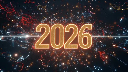 dynamic 4K vertical screen video animation featuring vibrant display abstract neon light trails shaping conspicuous numbers 2026 glowing red yellow hues set dramatically profoundly dark background - Powered by Adobe