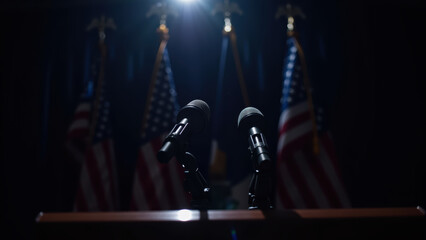 Microphones on podium with American flags in background, creating formal atmosphere for speech or announcement