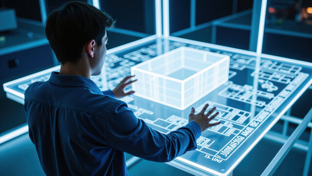 Young person interacts with digital architectural model, showcasing advanced technology and design. illuminated interface highlights creativity