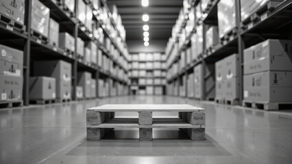 Empty wooden pallet in warehouse aisle surrounded by stacked boxes and shelves, creating sense of spaciousness and organization