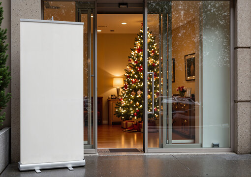 Blank mockup display stand with Christmas tree visible indoors
