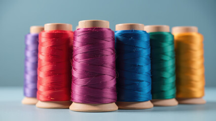 Colorful spools of thread arranged in row, showcasing vibrant hues of purple, red, blue, green, and yellow, perfect for sewing projects