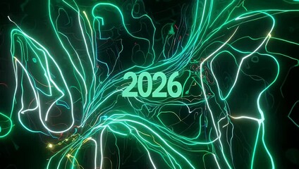 electrifying 4K vertical screen video animation displaying energetic abstract formation vibrant green neon lights artistically configured distinct numbers 2026 brilliantly illuminated deep dark - Powered by Adobe
